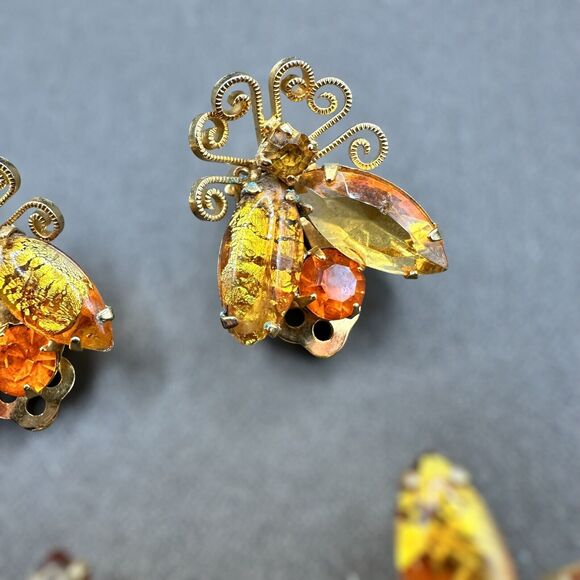 Vintage Juliana Style Topaz Foiled Glass Rhinestone Bug Brooch & Earring Set - Picture 4 of 6